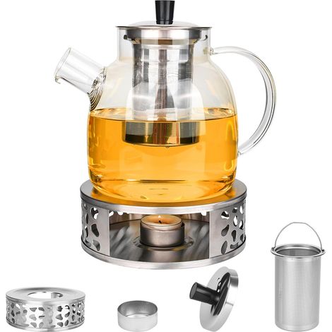 Théière de 1,5 l avec infuseur et réchaud, en verre borosilicate avec infuseur, théière en verre et acier inoxydable, pour thé en vrac, tous les types de thé (1/5)