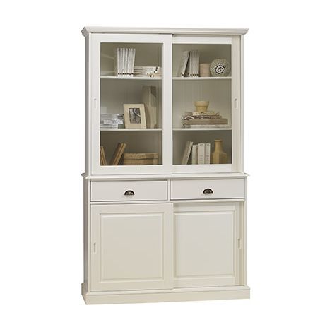 Beaux Meubles Pas Chers – Vaisselier blanc en pin massif 4 portes coulissantes – Dimensions 121x42.3x198.8 cm – 2 tiroirs avec glissières métalliques