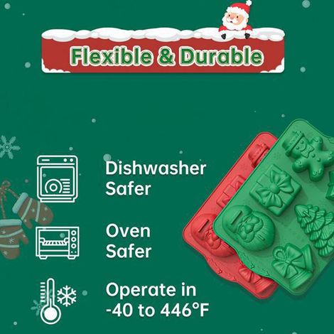 Disponible en deux couleurs : vert et rouge. Matière : silicone. Moule à gâteau de Noël en silicone à 6 cavités, idéal pour les créations maison.