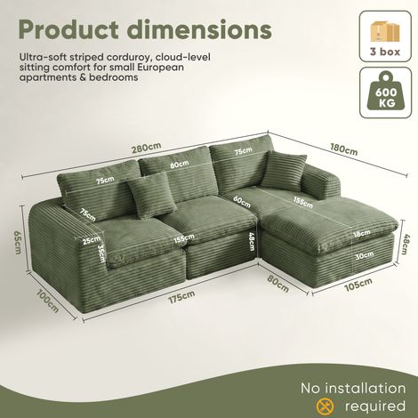 Sofá rinconera modular 280x180x65 cm en tela acanalada verde, convertible – MEUBLIV (1/5)