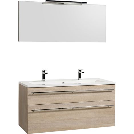 Waschbeckenunterschrank 120cm + Waschbecken + Spiegel + Beleuchtung MAIA / Eiche natur/