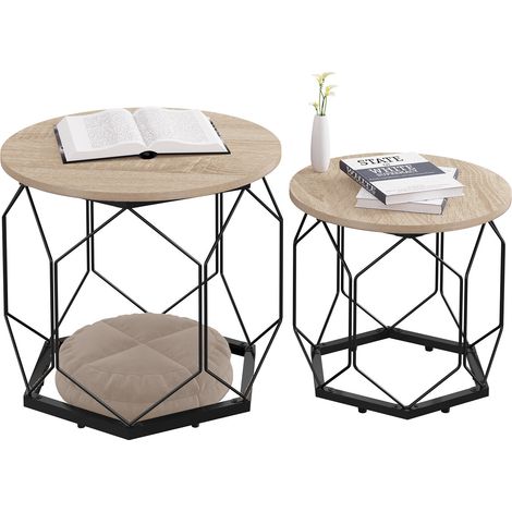 WOLTU Couchtisch 2er Set, Beistelltisch mit runder Tischplatte, Sofatisch mit hohlem Metallrahmen, Wohnzimmertisch mit Stauraum, aus Holzwerkstoff Metall, Holzoptik Helle Eiche + Schwarz (1/5)