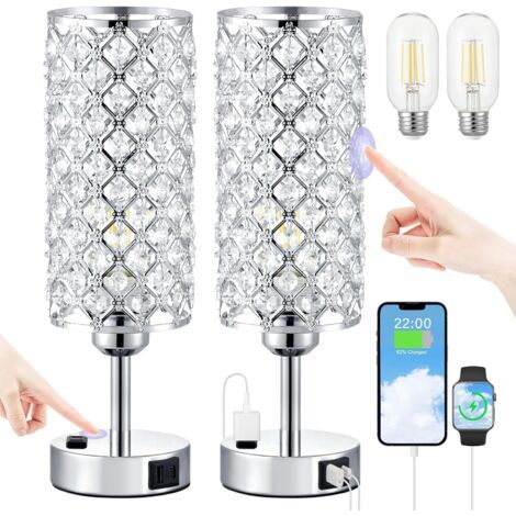 Lampadario di cristallo - Due porte USB, pulsanti sulla base, tricolore - Adatto per l'illuminazione di camera da letto e soggiorno - Set da 2 (1/4)