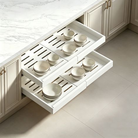 Organisateur de placard coulissant (lot de 2, blanc), étagères de rangement extensibles pour tiroir de cuisine avec film nano adhésif, installation facile sans perçage. (1/5)