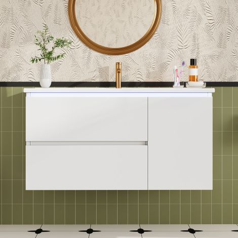 Meuble vasque mural 91, 5 × 46, 5 × 50, 5 cm, finition laquée, LED à détecteur, rangement sur porte, 2 tiroirs silencieux, vasque céramique, blanc (1/5)