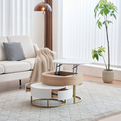 Table basse gigogne relevable blanc et bois, lot de 2 tables salon 70x70x42-56,5 et 60x60x27 cm, 2 tiroirs, rangement MDF (1/5)