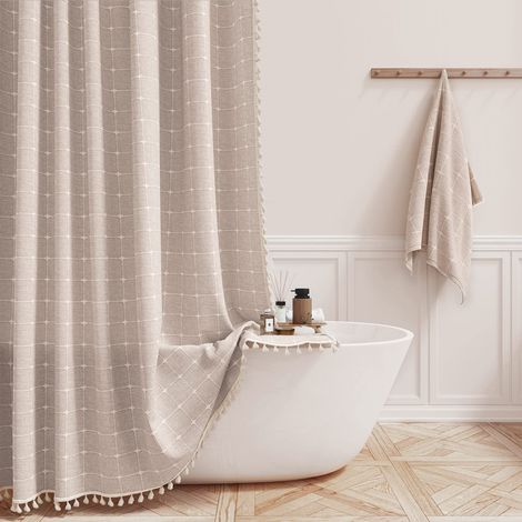NICOLA Rideau de douche de salle de bain chic et country français moderne, rideau de douche à pompon à carreaux, couleur café (150180cm) (1/5)