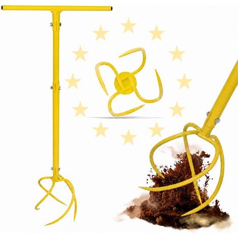 Griffe de jardin – 4 dents – Hauteur 90-99 cm – Poignée ergonomique – Jaune – Aération, désherbage (1/5)