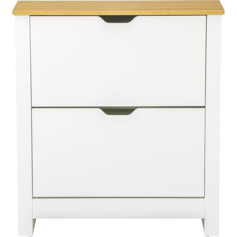 Schuhschrank für 12 Paar Schuhe. Schmaler Schuhschrank mit 2 Klappschubladen und verstellbaren Einlegeböden. Modernes Design. Für Flur oder Eingangsbereich. 72 x 26 x 80 cm. Weiß und Eiche.