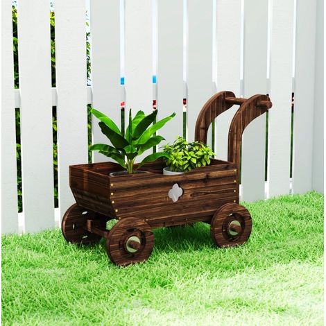 Jardinera de madera con ruedas tipo carrito 68 x 38 x 52 cm con asa marrón oscuro HAVRYA (1/3)