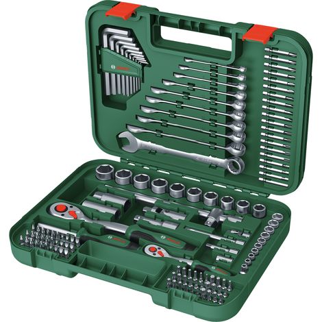 Bosch Juego herramientas manuales Advanced, 132 pza. (para fijaciones pesadas materiales de alta calidad diseño ergonómico llaves, llaves hexagonales, carracas, destornilladores accesorios) (1/2)