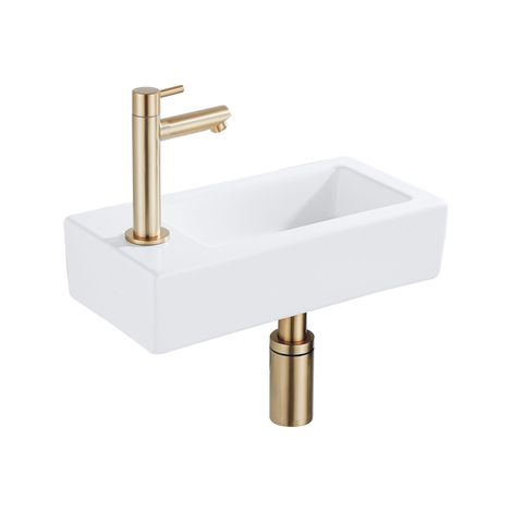 FugaFlow Efficiente Pietra Ensemble de fontaine - 37,5x18,5x9cm - céramique - trou de robinet à gauche - robinet de fontaine en laiton brossé -