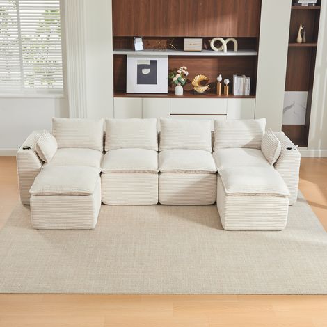 Canapé modulable moderne 4 places 322x161x75 cm, avec 2 poufs, coussins, porte-gobelet et poches latérales, velours côtelé, Beige (1/5)