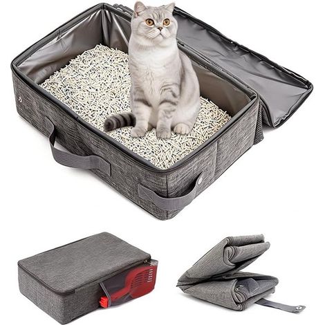 Bac à litière pliable - Bac à litière avec couvercle - 45 x 35 cm - Bac à litière portable - Pelle à litière incluse - Convient aux paniers pour chats et à une utilisation en extérieur - Gris (1/5)