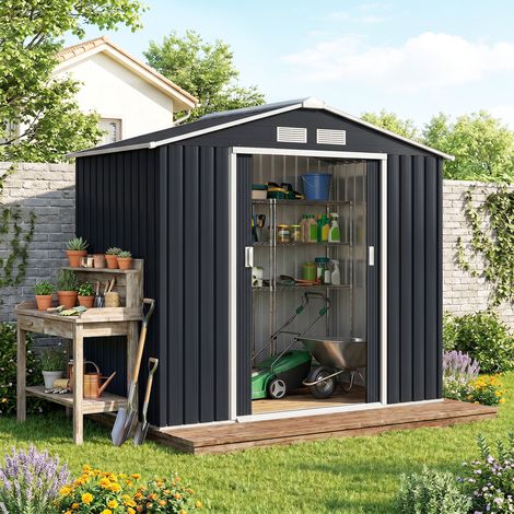 Coffre de Jardin en Tôle avec Portes Coulissantes, Rangement Outils, 213x130x185cm, Gris Anthracite (1/5)