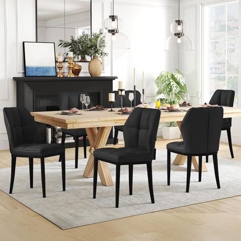 Esszimmerstühle 6er Set Kunstleder mit Rautenmuster, hohe Rückenlehne, bis 150 kg belastbar, Schwarz (1/5)