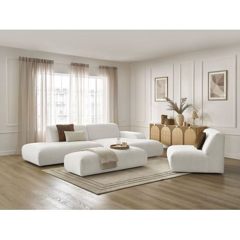 BOBOCHIC - Canapé d'angle fixe modulable SIRIUS tissu texturé avec 1 chauffeuse et grand pouf Angle droit Blanc (1/5)