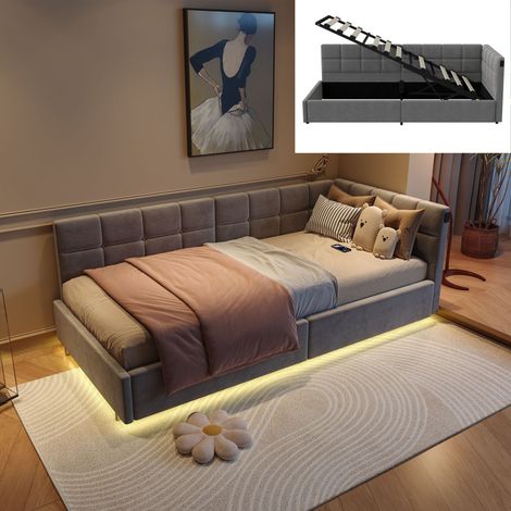 Einzelbett 90x200 cm aus Samt, Stauraumbett mit USB und Stauraum, Holzlattenrost, RGB-LED-Leiste unter dem Bett - Grau