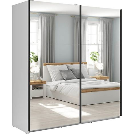 Pegane – Armoire coulissante avec miroir blanc brillant – Longueur 183 cm – Profondeur 60 cm – Hauteur 195,5 cm – 2 étagères coulissantes (1/4)