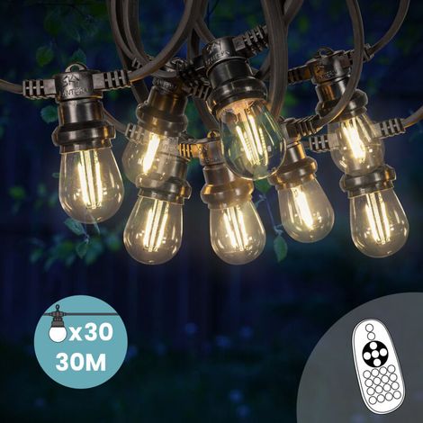 Guirlande Guinguette 30M 30 Bulbes Filament Blanc Chaud avec Variateur de Luminosité et Télécommande - Guirlande Lumineuse Ampoule E27 à Intensité Variable - Guirlande Guinguette Led Dimmable