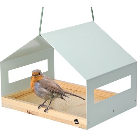 WONDERMAKE® Großes Design Vogelhaus aus Metall und Holz wetterfest zum Aufhängen, modernes Vogelfutterhaus XL Metalldach hängend, Vogelhäuschen Futterhaus für Vögel, Edelstahl Kiefer, türkis-grau mint