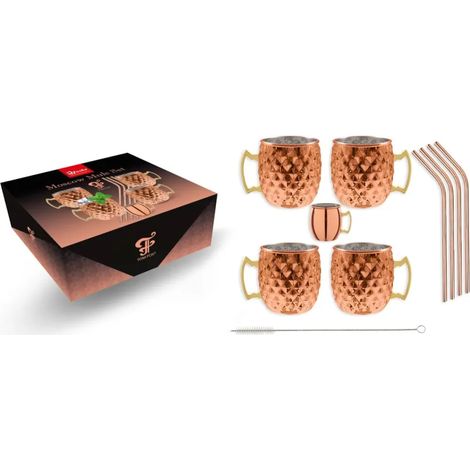 Set Moscow Mule Cuivre Diamant : 4 Tasses 450 ml, Jigger, Pailles et Brosse