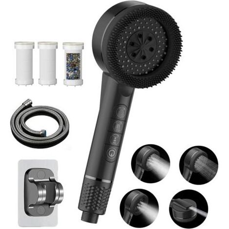 Pommeau de Duche Haute Pression,Pommeau Douche Economie Deau 4 Types de Jets Pommeau de Douche Anti Calcaire avec Tuyau Douche 1.5M et Support de Douche, avec Bouton D'arrêt D'eau Dark black (1/5)