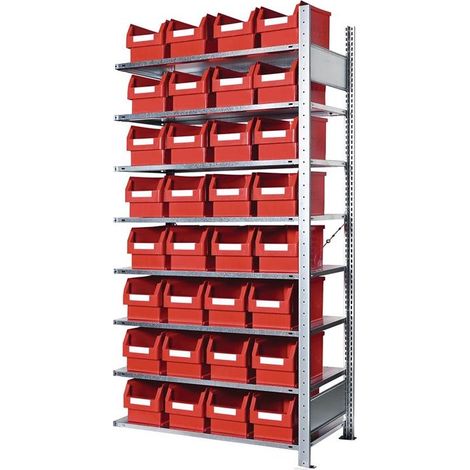 Steckregal H2000xB1000xT400mm Anbauregal 8 Stahlböden 32 x Gr. 3 rot