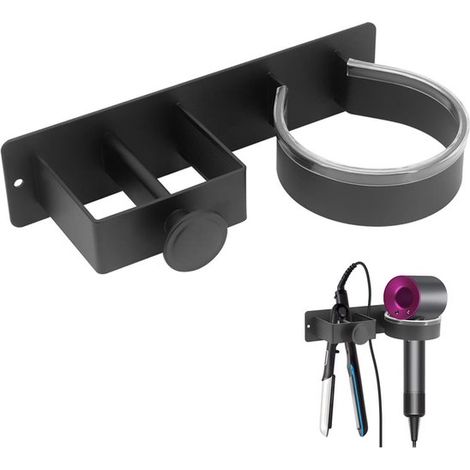 Supporto per asciugacapelli nero per il bagno, supporto a parete per strumenti per lo styling dei capelli, montaggio a parete possibile senza foratura, compatibile con (1/5)