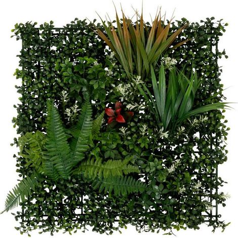 Carré végétal artificiel tropical 50 cm vert, panneau décoratif mural pour intérieur et extérieur, aspect feuillage réaliste, fixation simple (1/2)
