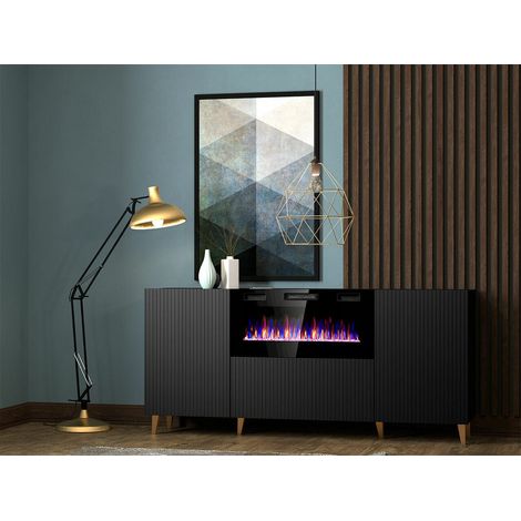 Commode de rangement Meuble Noir Avec Cheminée chauffante 180x83x40cm PALACE sur pieds (1/3)
