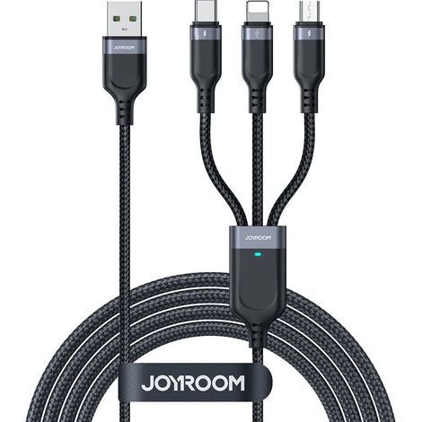 Cable Joyroom 3 en 1 USB-A a Lightning/USB-C/Micro USB, 3,5 A, 1,2 m - Negro