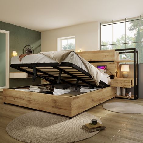 Letto contenitore 180x200 rovere con USB, MDF/metallo, senza materasso - MEUBLIV (1/5)
