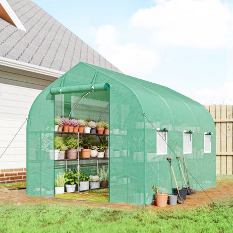 Serre tunnel de jardin 6m². serre de jardin avec étagères. porte et 6 fenêtres. cadre en acier galvanisé. vert