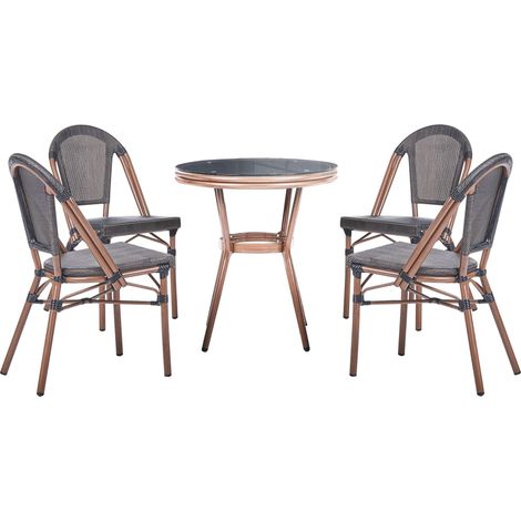 4 Seater Garden Dining Set Grey PE Rattan Top ø 70 Table and 4 Stackable Aluminium Frame RIFREDDO
