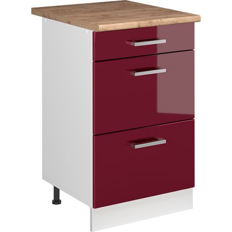 Küchenunterschrank R-Line, Rot Hochglanz/Weiß, 50 cm Arbeitsplatte Goldkraft Eiche, Vicco (1/5)