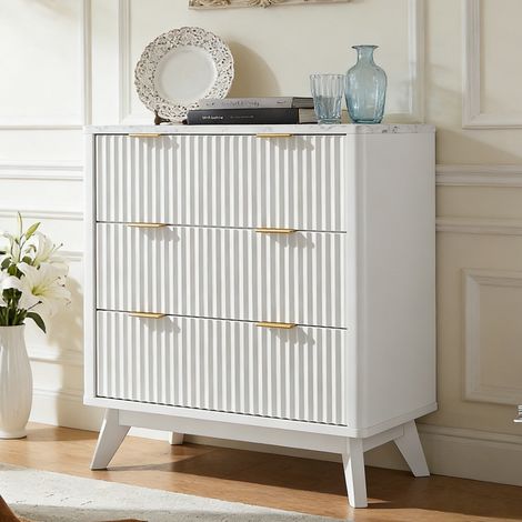 Commode Chambre Style Fluté 3 Tiroirs Hauteur 32", Plateau Faux Marbre & Profil Courbé, Rangement Multi-Usage Chambre/Salon/Couloir, Panneau de Particules - Solid White (1/5)