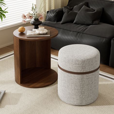 Table d'appoint avec tabouret intégré, bout de canapé gain de place, table de chevet ronde, style moderne minimaliste, pour salon chambre, noyer (1/5)