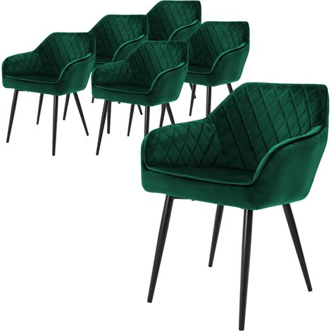 ML-Design 6er Set Esszimmerstühle mit Armlehne und Rückenlehne, Dunkelgrün, Küchenstuhl mit Samtbezug, Polsterstuhl mit Metallbeinen, Ergonomischer Stuhl für Esstisch, Esszimmerstuhl Wohnzimmerstuhl