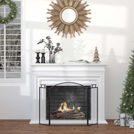 Pare-feu pour cheminée ou poêle - Pare-étincelles 3 Volets Pliables - dim. 110l x 24P x 76,5H cm - Acier métal Noir (1/5)