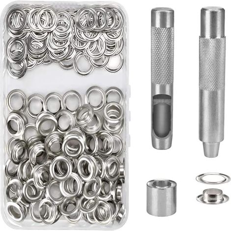 Kit de 100 ojales, herramientas metálicas para ojales, kit de ojales de 14 mm para reparación de lonas, toldos y tiendas de campaña, color plata.