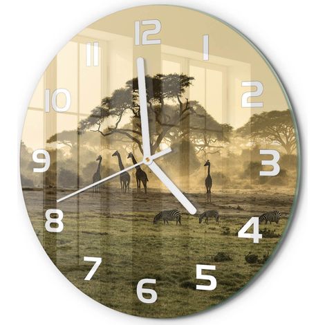 Horloge Murale Ronde Sans Cadre en Verre Trempé Silencieuse et Moderne Girafes dans la savane fi 30 cm (1/5)