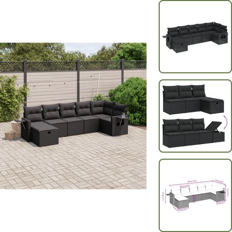The Living Store Salon de jardin 7 pcs avec coussins noir résine tressée - Ensemble Salon De Jardin - Mobilier Extérieur - Salon De Jardin Design - Fauteuil De Jardin - Table Basse Jardin