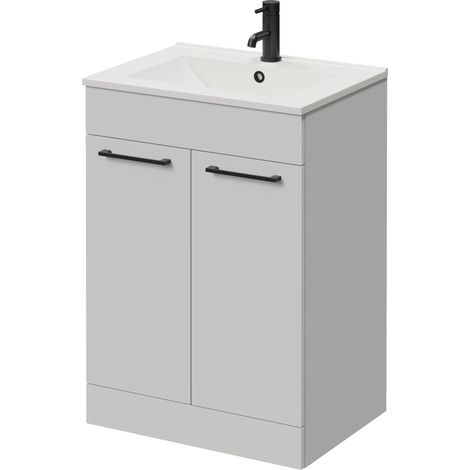 Napoli 460 Gloss Grey Pearl 600mm 2 Door Vanity Unit with Angel Basin - 600mm - Matt Black 160mm Handle