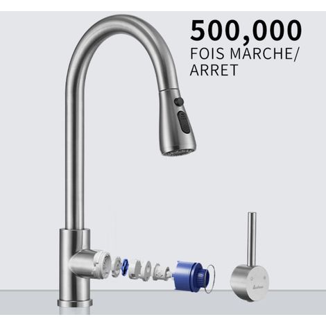 Küchenarmatur mit ausziehbarer Brause, Küchenmischer aus gebürstetem Edelstahl, 360° drehbare Küchenspülbeckenarmatur mit 3 Betriebsmodi (1/4)