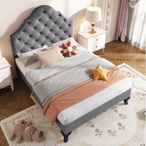 Polsterbett Samt Grau 90x200 cm mit Lattenrost und gepolstertem Kopfteil (1/5)