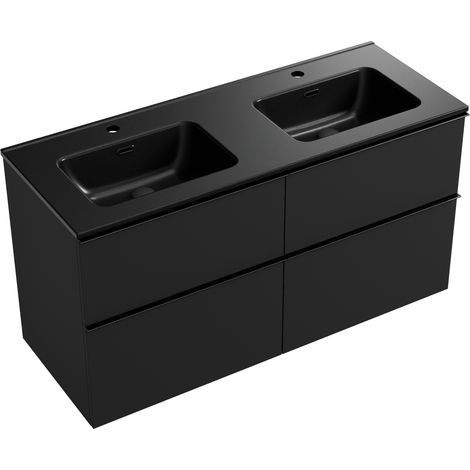 BERNSTEIN - Mueble lavabo doble suspendido MDF negro mate, lavabos + grifería en negro mate, tirador negro mate 121x64x47cm - LAVOA Negro mate, Negro mate, Negro mate