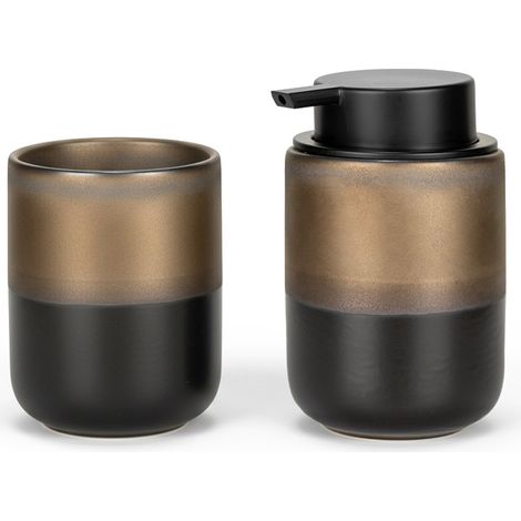 Set accessori bagno con dispenser e porta spazzolino nero opaco e bronzo in ceramica Teos