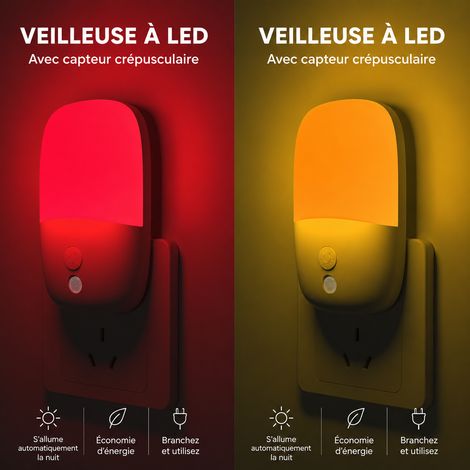 Veilleuse LED murale prise US lumière rouge 670 nm et jaune avec capteur crépusculaire 0,7W 670nm réf 9051 10 × 6 × 2 cm 39 g – Livraison gratuite