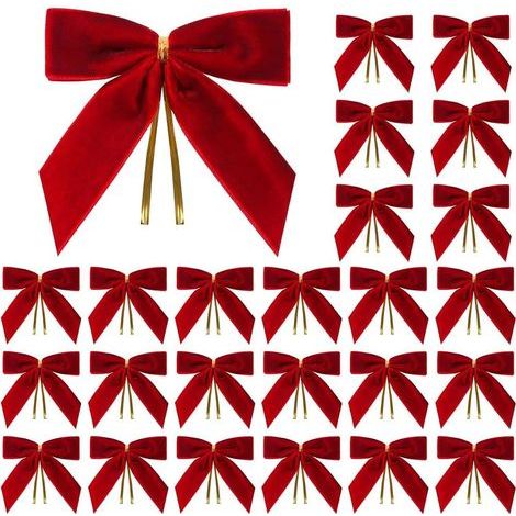 Set di 24 decorazioni natalizie per albero e casa, fiocchi di velluto rosso e nastri dorati (rossi) (1/5)